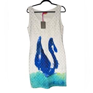 Louise Dela France Designer Dress Sz 38 US 6 Abstract Print Textured Sheath Midi